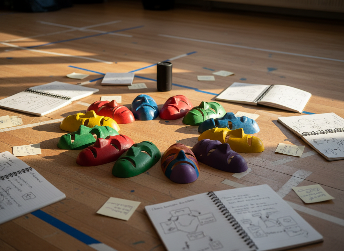 A circular cluster of brightly colored theatre masks crafted from matte-painted wood, each mask showing a different symbolic expression through abstract shapes rather than human features, rests on a sturdy, well-used rehearsal floor marked with faint tape lines. Around the masks lie open notebooks, sticky notes with sketched diagrams, and a small portable speaker, suggesting a creative workshop in progress. Late afternoon light filters in from an unseen window, casting long, gentle shadows and warm highlights across the scene. Photographed at eye level with a shallow depth of field, the foreground masks are in crisp focus while the notes and floor markings blur softly, creating a professional, photographic realism that feels thoughtful, collaborative, and oriented toward dialogue and conflict mediation in educational spaces.