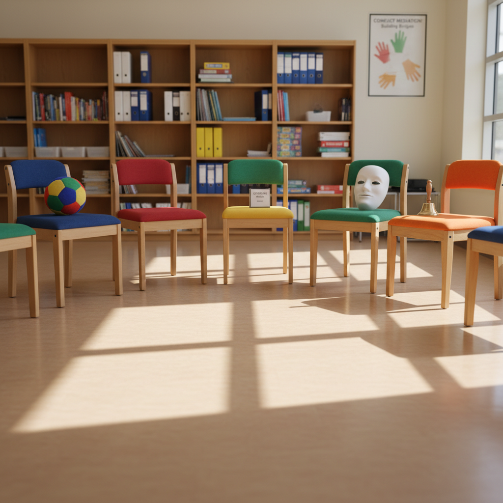 A semicircle of simple wooden chairs with colorful fabric cushions is carefully arranged around an open, empty space on a polished community-center floor, with each chair holding a different theatrical object: a soft cloth ball, a neutral mask, a stack of scenario cards, and a small handheld bell. Sunlight from tall, off-frame windows washes across the floor, producing soft, elongated reflections and a gentle glow on the objects. The background shows blurred shelves with educational materials and a discreet poster about conflict mediation. Shot from a low, wide-angle perspective in photographic realism, the empty central space feels like an invitation to dialogue and shared creation, conveying an atmosphere of safety, respect, and participation in community-based applied theatre.